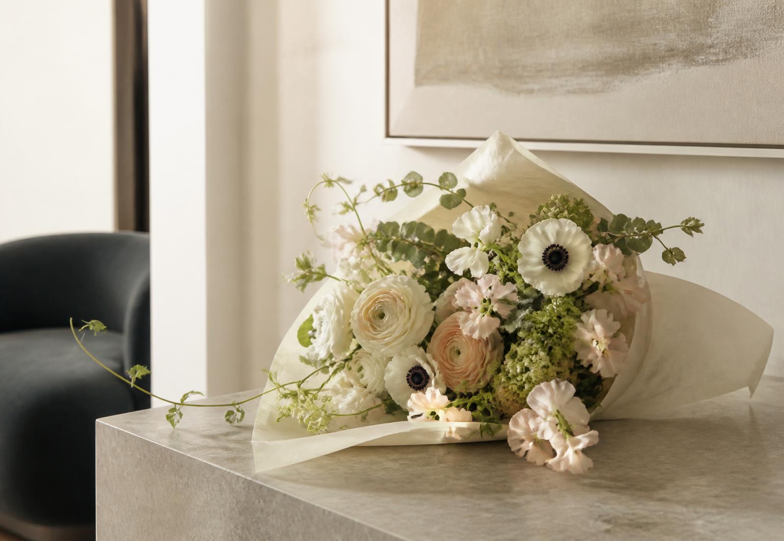 A spring bouquet of ranunculus, anemones and sweet peas resting on a stone bench inside the Penthouse